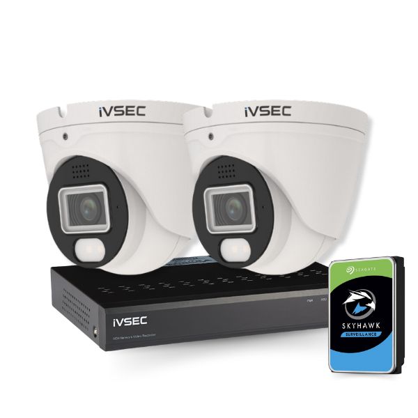 IVSEC Security Kit: 2x 8MP Adv. Deter Turret, Full-Colour, 4CH NVR, HDD