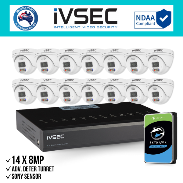 IVSEC Security Kit: 14x 8MP Adv. Deter Turret, SONY Sensor, 16CH NVR, HDD