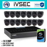 IVSEC Security Kit: 14x 8MP Adv. Deter Turret, SONY Sensor, Black, 16CH NVR, HDD