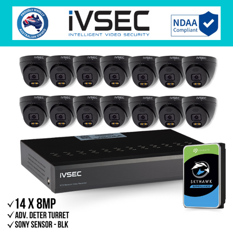 IVSEC Security Kit: 14x 8MP Adv. Deter Turret, SONY Sensor, Black, 16CH NVR, HDD