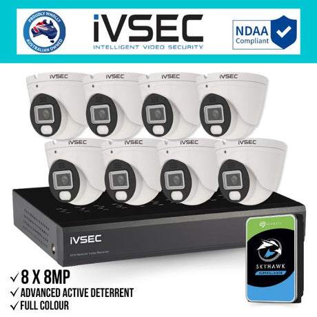 IVSEC Security Kit: 8x 8MP Adv. Deter Turret, Full-Colour, 8CH NVR, HDD