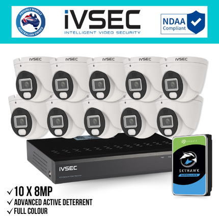 IVSEC Security Kit: 10x 8MP Adv. Deter Turret, Full-Colour, 16CH NVR, HDD