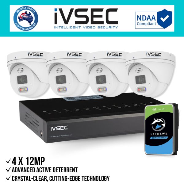 IVSEC Security Kit: 4x 12MP Adv. Deter Turret, 3.6mm, 8CH NVR, HDD