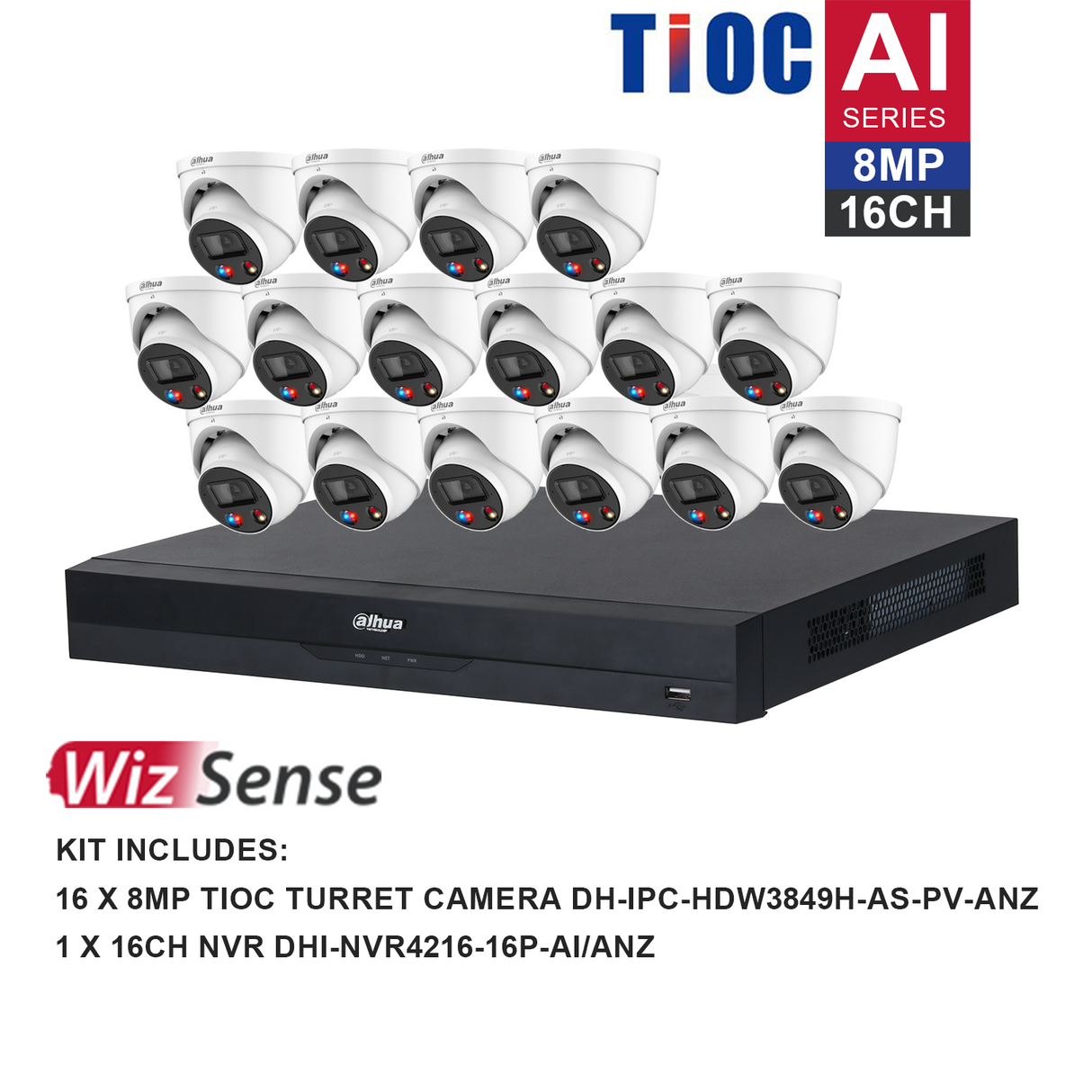 Dahua WizSense 16 Camera Kit: 16x 8MP TiOC Turret, 16Ch AI NVR - K81616TIOC