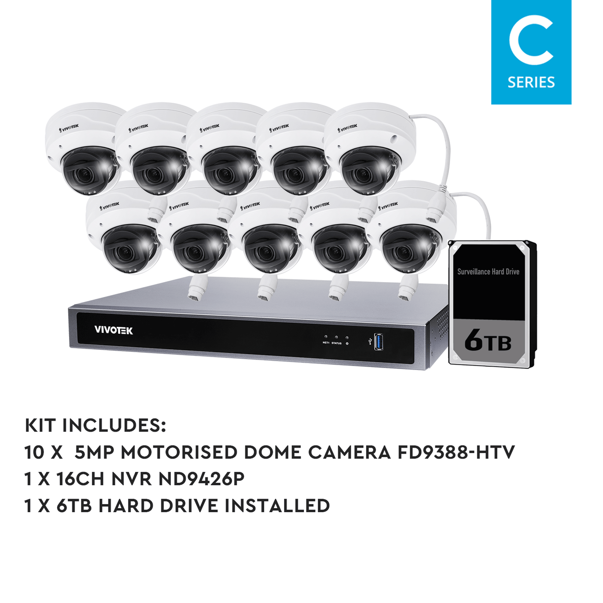 VIVOTEK 10 Camera Kit: 10x 5MP Dome, 16CH AI NVR, 6TB HDD