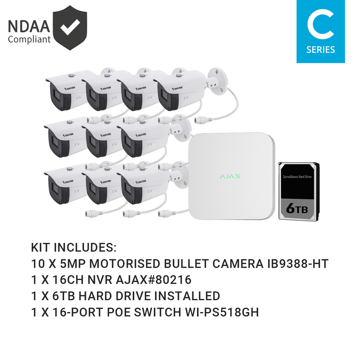 Ajax KIT-AJAX-5MP16106BM-W 16CH White NVR Vivotek 5MP Motorised Bullet Kit