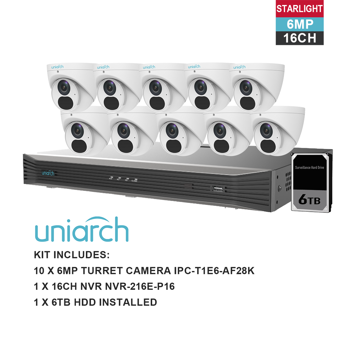 Uniarch K61610T 6MP 16CH Kit with 10 x Turret Cameras