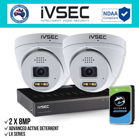 IVSEC Security Kit: 2x 8MP Adv. Deter Turret, LX Series, 3.6mm, 4CH NVR, HDD