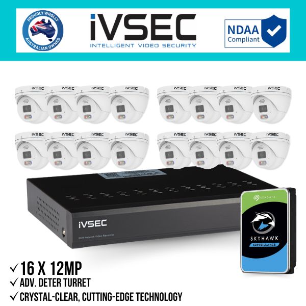 IVSEC Security Kit: 16x 12MP Adv. Deter Turret, 3.6mm, 16CH NVR, HDD