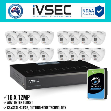 IVSEC Security Kit: 16x 12MP Adv. Deter Turret, 3.6mm, 16CH NVR, HDD