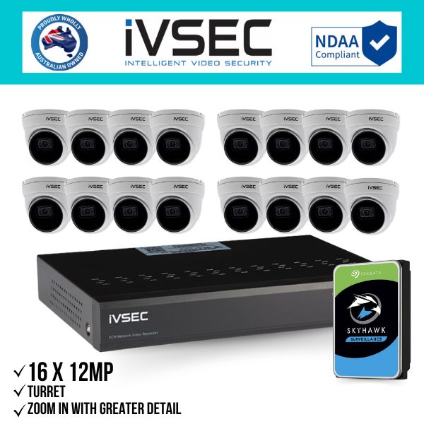 IVSEC Security Kit: 16x 12MP Turret, 3.6mm, 16CH NVR, HDD