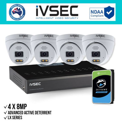 IVSEC Security Kit: 4x 8MP Adv. Deter Turret, LX Series, 3.6mm, 4CH NVR, HDD