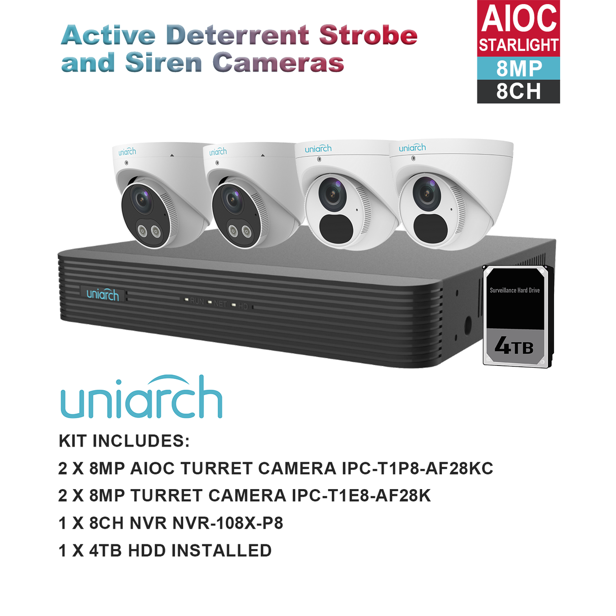 Uniarch M8082T2AIOC 8MP 8CH Kit with 2 x AIOC & 2 x Turret Cameras