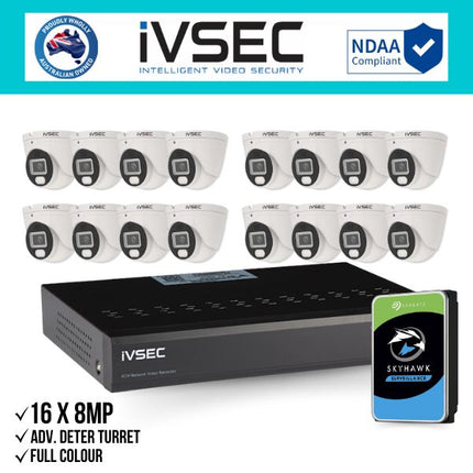 IVSEC Security Kit: 16x 8MP Adv. Deter Turret, Full-Colour, 16CH NVR, HDD