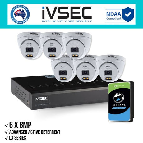 IVSEC Security Kit: 6x 8MP Adv. Deter Turret, LX Series, 3.6mm, 8CH NVR, HDD