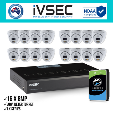 IVSEC Security Kit: 16x 8MP Adv. Deter Turret, LX Series, 3.6mm, 16CH NVR, HDD