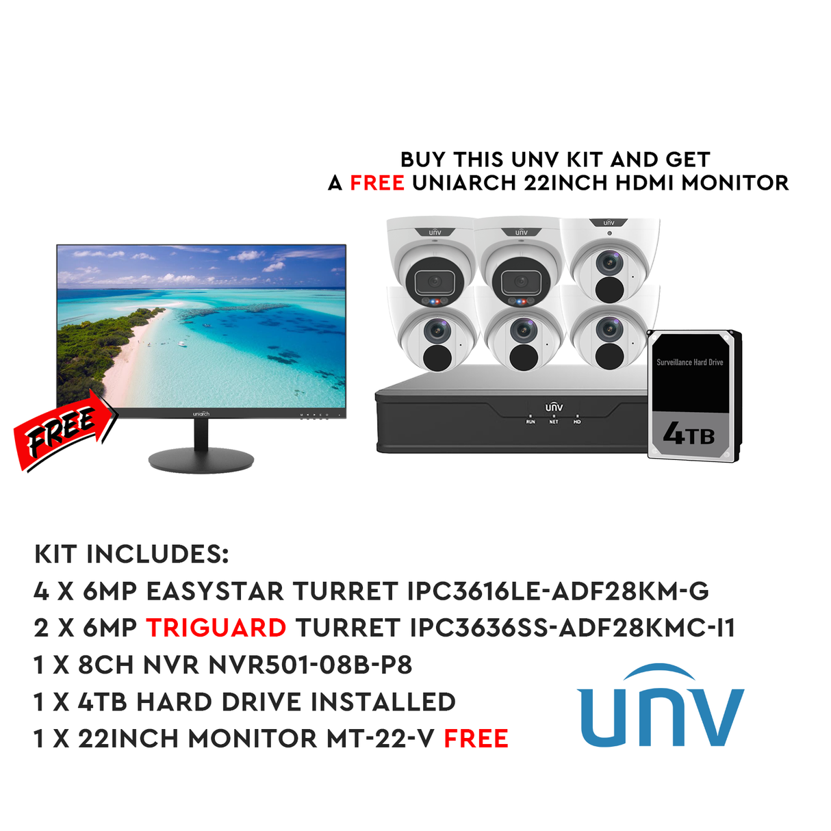 Uniview 6MP8CHKIT-TG 6MP 8CH TriGuard Kit with Free 22" Monitor