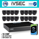 IVSEC Security Kit: 16x 8MP Adv. Deter Turret, SONY Sensor, Black, 16CH NVR, HDD