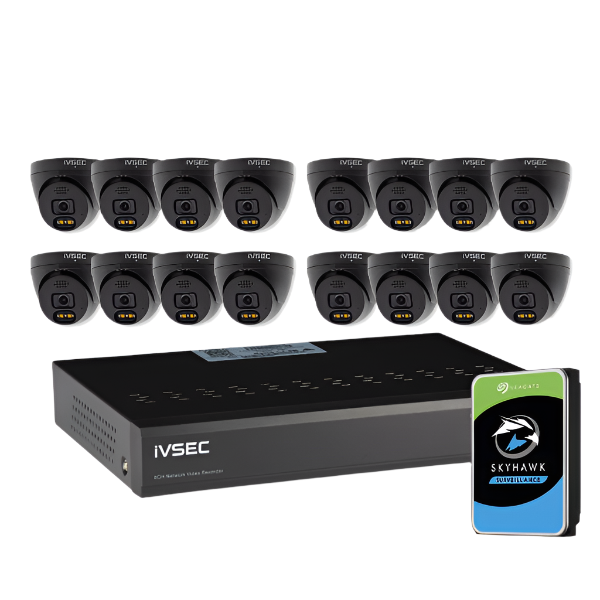 IVSEC Security Kit: 16x 8MP Adv. Deter Turret, SONY Sensor, Black, 16CH NVR, HDD