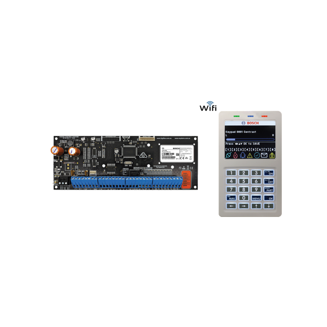 Bosch BOSCC615GWF Solution 6000 Hardwired Alarm Panel PCB Board Kit with Built-In IP Module and Wi-Fi Keypad 16 X Zone Expandable to 144 Zones 5 X Outputs Expandable to 37 X Outputs 8 Areas 990 Users 16 Doors 2000 Events PCB Enclosure Mount 16-18VAC