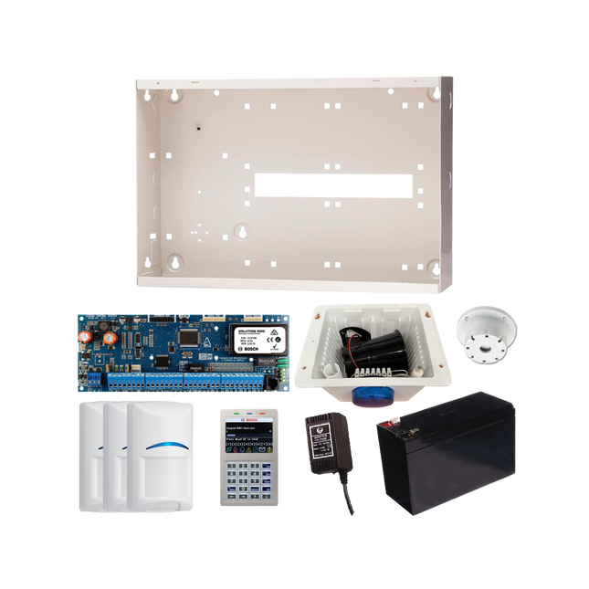 Bosch BOSCH1500 Kit S6K-Wf-PIR-3 1 X Solution 6000 PCB (Cc600Pb) 1 X WiFi Keypad White (Cp737B) 3 X PIRs (Bosisc-Bpr2-W12) 1 X Enclosure (Bosmw350) 1 X Power Supply (Bostf008-B) 1 X Siren/Strobe (Dstc03/Co/Top) 1 X Battery (Batt2000)