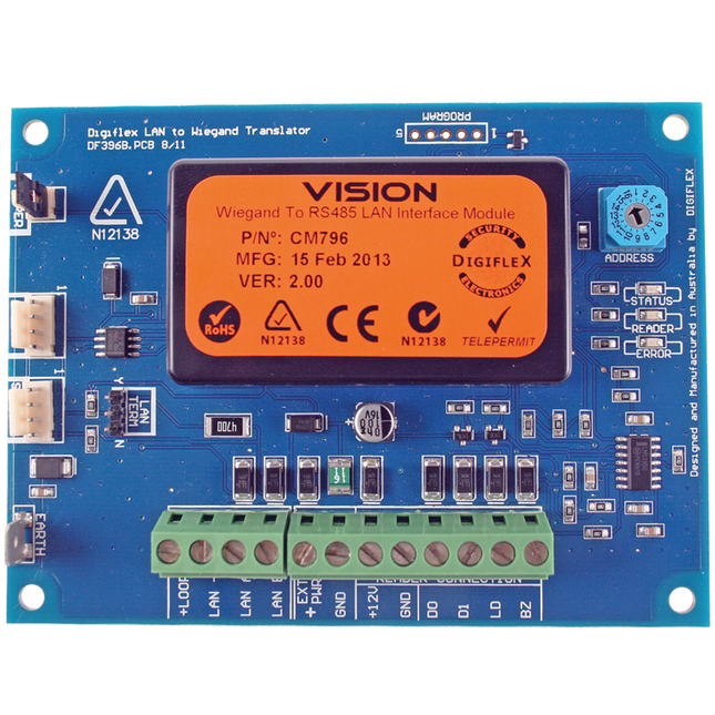 Bosch BOSCM796B Hardwired Wiegand to Rs485 Converter/ Module Blue PCB Enclosure Mount 100G 10-14VDC Suits Solution 6000/ 144 Compatable with 26-40 Bit Wiegand Readers