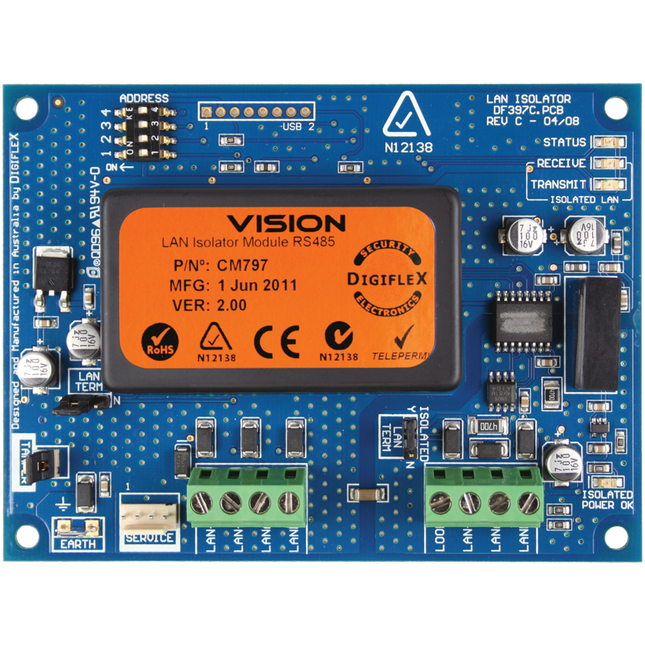 Bosch BOSCM797B Hardwired Lan &Amp; Power Isolator Module Blue PCB Enclosure Mount 100G 10-14VDC Suits Solution 16I/ 144/ E Series 250Ma