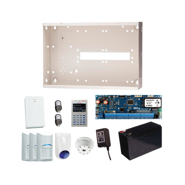 Bosch BOSCH7045 6000 Kit Includes 1X Solution 6000 Panel 1X White Prox Keypad 1X Metal Enclosure 3X Wireless PIR'S 1X Rf Receiver 2X Premium Fobs 1X Battery 1X Power Supply 1X Slimline Siren 1X Top Hat Sounder