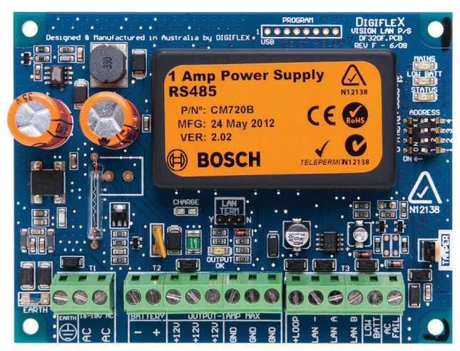 Bosch BOSCM720B Hardwired Lan Power Supply Module Blue PCB Enclosure Mount 100G 16-18VAC Suits Solution 16I/ 144/ 6000 *Required Power Supply (Tf008-B) &Amp; 1 X Battery (Tb100103) 1A*