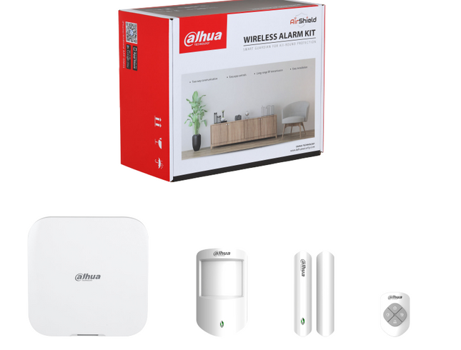 Dahua DAHI10013 Airshield Wireless Alarm Kit Includes 1X White Wireless Alarm Panel 1X White Wireless Pet PIRs 1X 4 Button Remotes White All Devices Come with Li-Ion Batteries