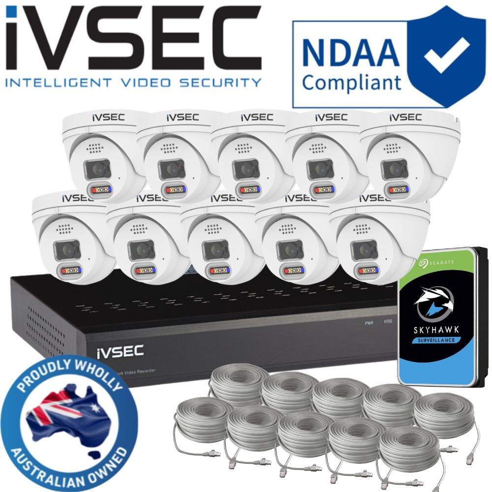 IVSEC Security System: 10x 8MP Adv. Deter, Full-Colour, Turrets, 16-Channel 12MP NVR, SMD