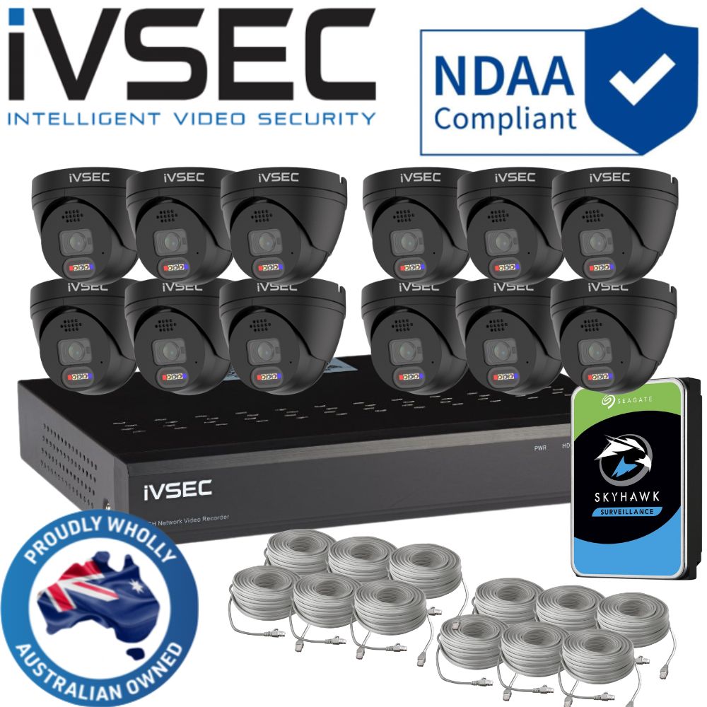 IVSEC Security System: 12x 8MP Adv. Deter, Full-Colour, Black Turrets, 16-Channel 12MP NVR, SMD