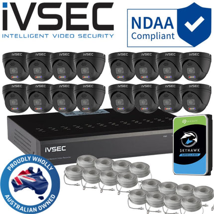 IVSEC Security System: 16x 8MP Adv. Deter, Full-Colour, Black Turrets, 16-Channel 12MP NVR, SMD