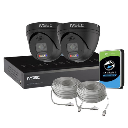 IVSEC Security System: 2x 8MP Adv. Deter, Full-Colour, Black Turrets, 4-Channel 8MP NVR, SMD