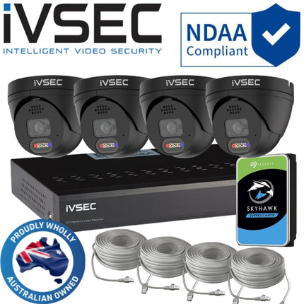 IVSEC Security System: 4x 8MP Adv. Deter, Full-Colour, Black Turrets, 4-Channel 8MP NVR, SMD