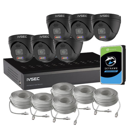 IVSEC Security System: 6x 8MP Adv. Deter, Full-Colour, Black Turrets, 8-Channel 12MP NVR, SMD