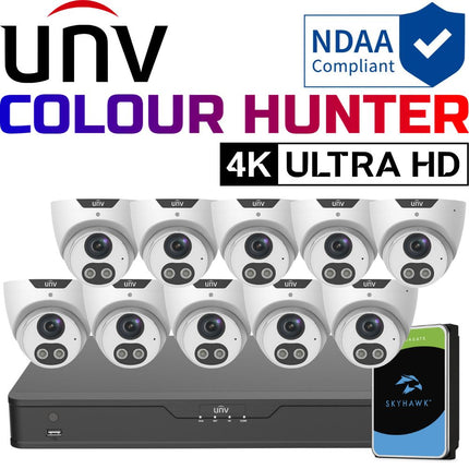 Uniview ColourHunter Security System: 10x 8MP Turret Cams, 16CH 4K NVR + HDD