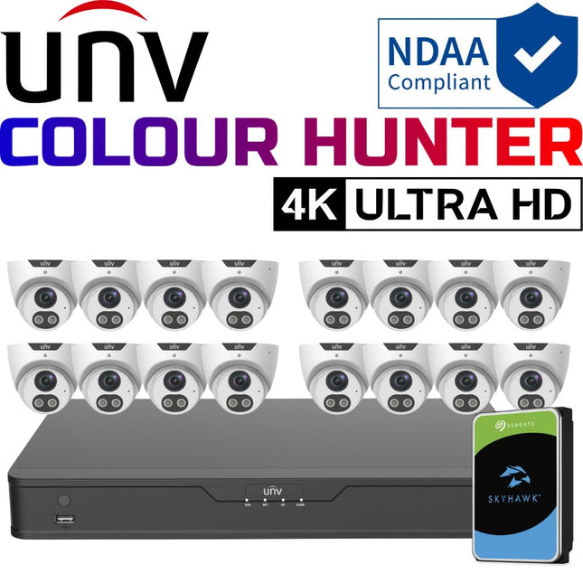 Uniview ColourHunter Security System: 16x 8MP Turret Cams, 16CH 4K NVR + HDD