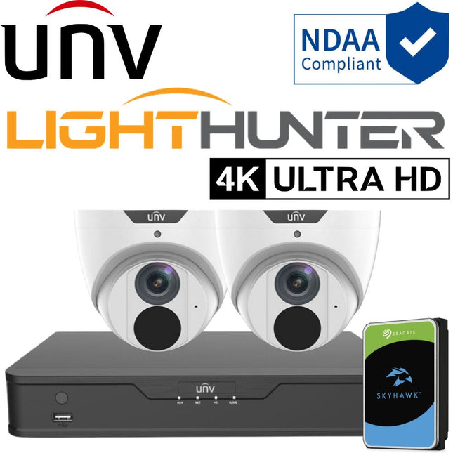 Uniview LightHunter Security System: 2x 8MP Turret Cams, 4CH 4K NVR + HDD