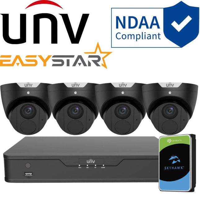 Uniview EasyStar Security System: 4x 6MP Turret Cams, 4CH 4K NVR + HDD (Black)