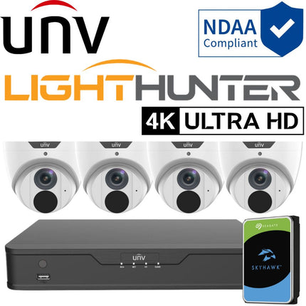 Uniview LightHunter Security System: 4x 8MP Turret Cams, 4CH 4K NVR + HDD