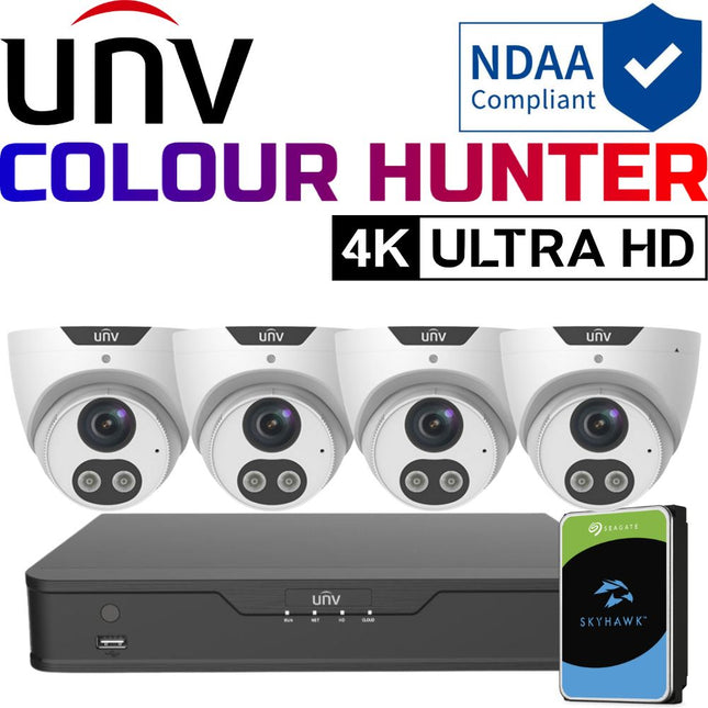 Uniview ColourHunter Security System: 4x 8MP Turret Cams, 4CH 4K NVR + HDD