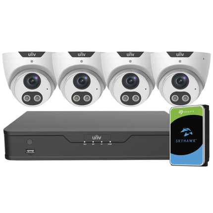 Uniview ColourHunter Security System: 4x 8MP Turret Cams, 4CH 4K NVR + HDD