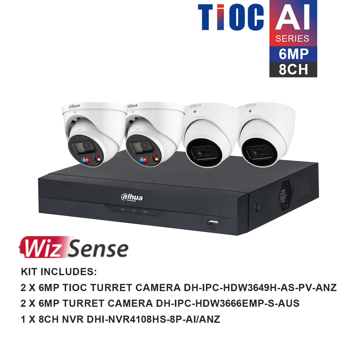 Dahua WizSense 4 Camera Kit: 2x 6MP 3X66, 2x 6MP TiOC Turret, 8Ch AI NVR - M6082T2TIOC