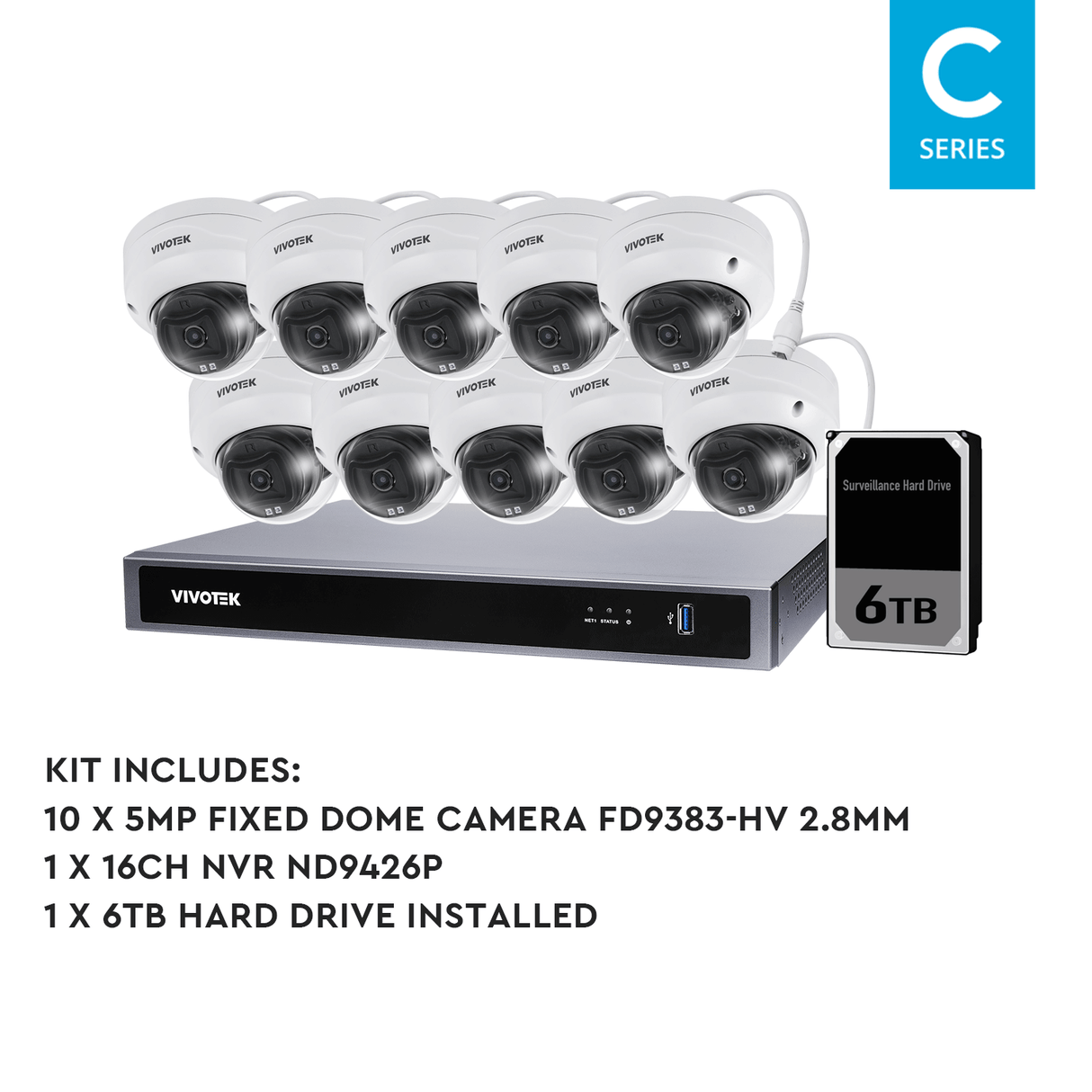 VIVOTEK 10 Camera Kit: 10x 5MP VF Dome, IK10, 16CH AI NVR, 6TB HDD