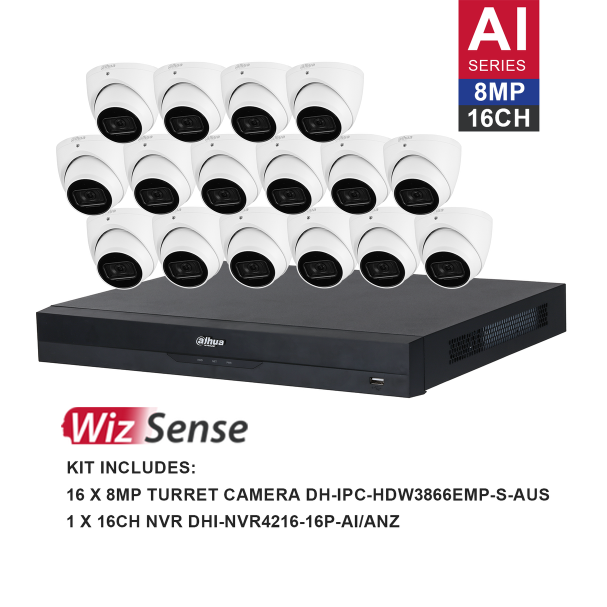 Dahua WizSense 16 Camera Kit: 16x 8MP 3X66 Turret, 16Ch AI NVR - K81616T