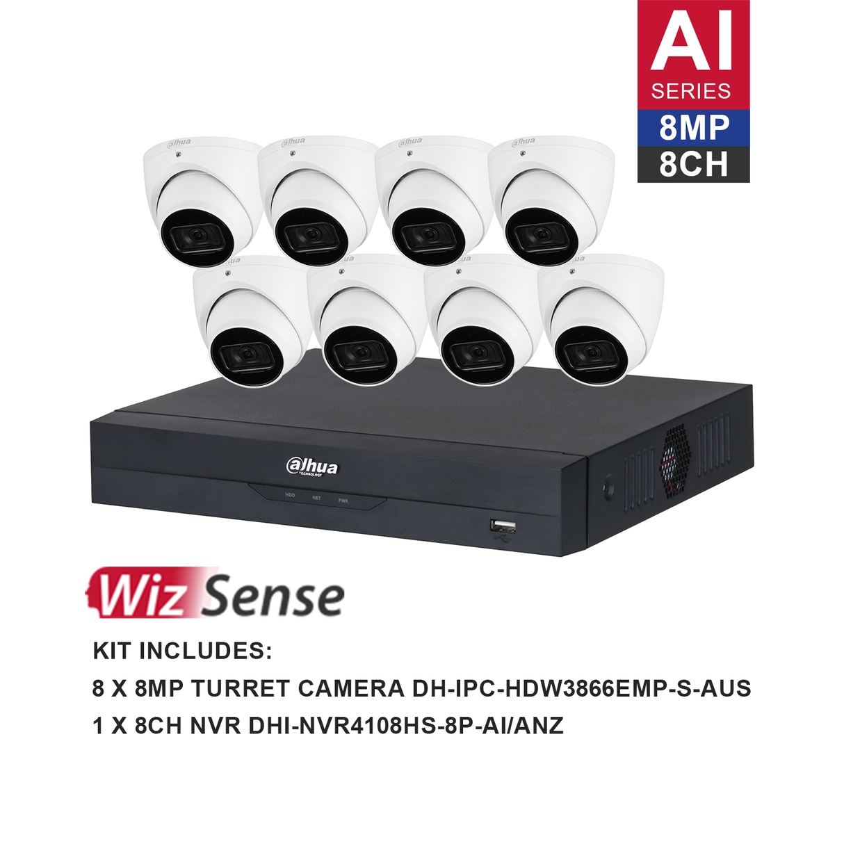 Dahua WizSense 8 Camera Kit: 8x 8MP 3X66 Turret, 8Ch AI NVR - K8088T