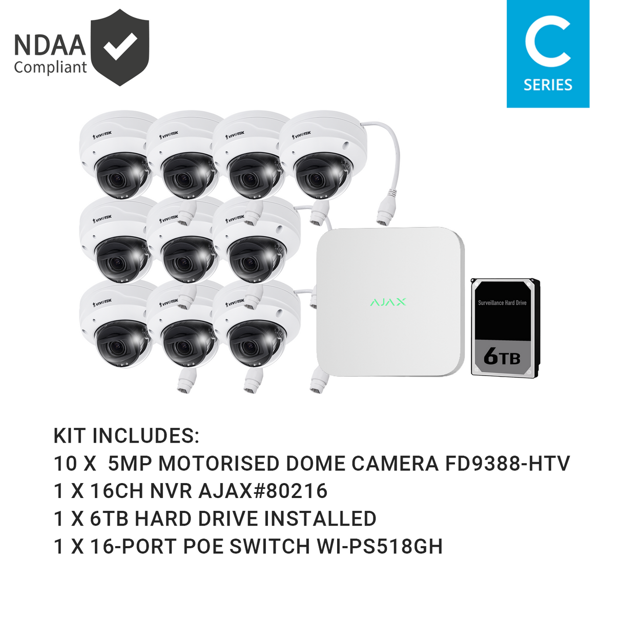 Ajax KIT-AJAX-5MP16106DM-W 16CH White NVR Vivotek 5MP Motorised Dome Kit