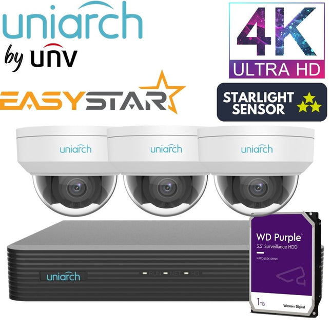 Uniarch Security System: 4-Channel NVR Pro, 3 X 8MP Dome, EasyStar